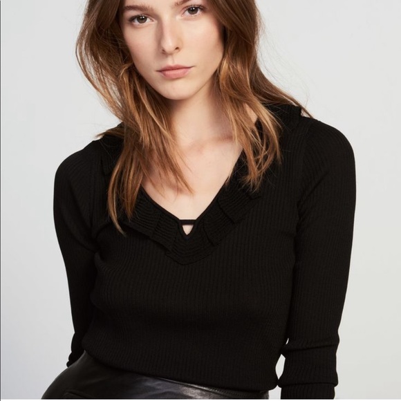 Sandro Paris Noir Noella Ribbed Knit V-Neck Top Size 1 / Small - Picture 1 of 16